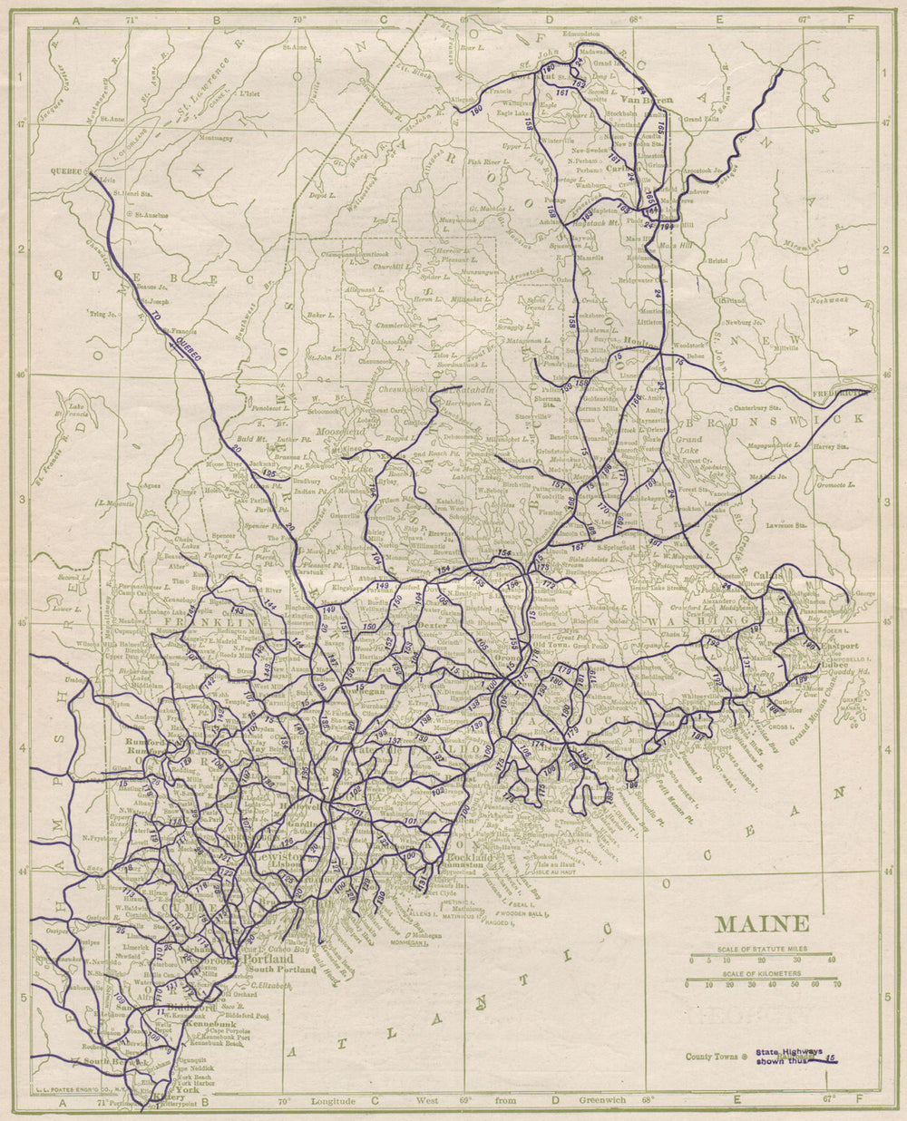 Maine State Highways. POATES 1925 old vintage map plan chart