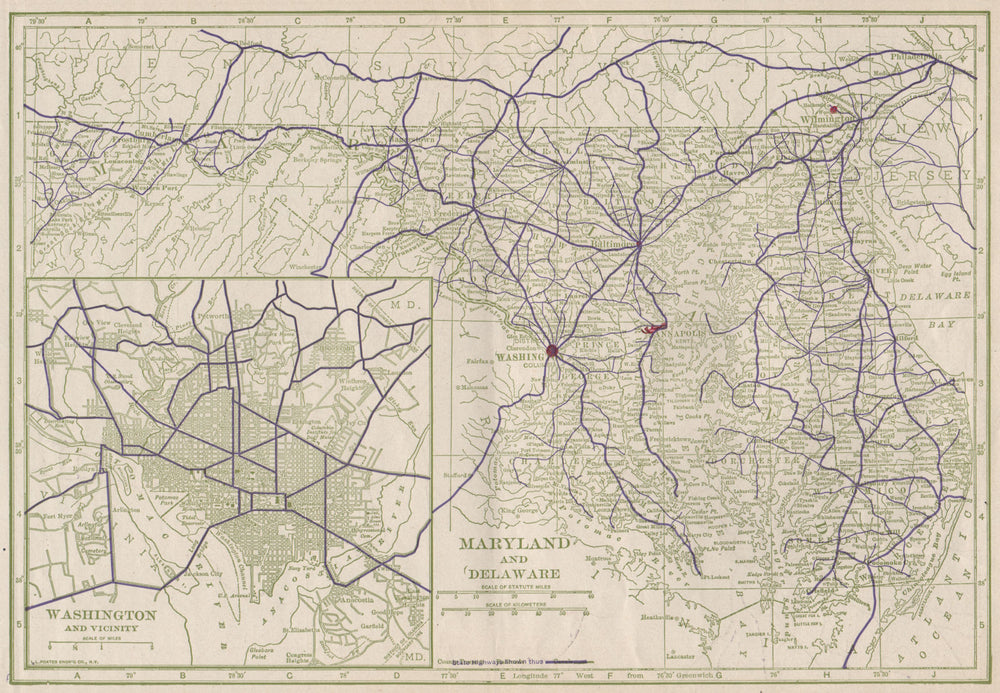 Maryland, Delaware & Washington DC State Highways. POATES 1925 old vintage map