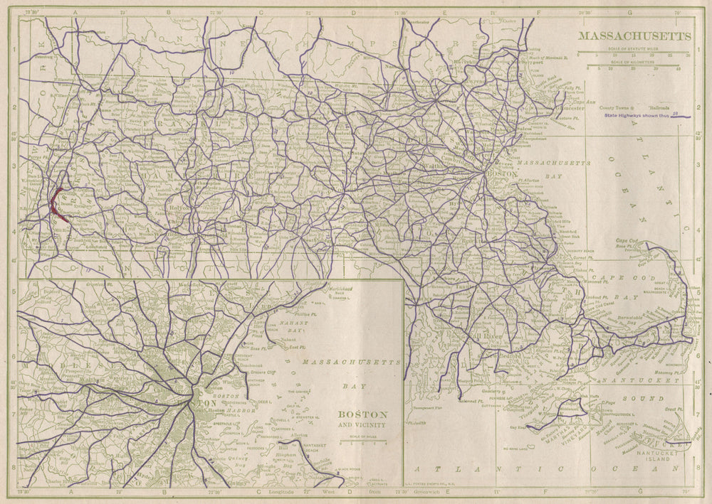 Massachusetts & Boston area State Highways. POATES 1925 old vintage map chart
