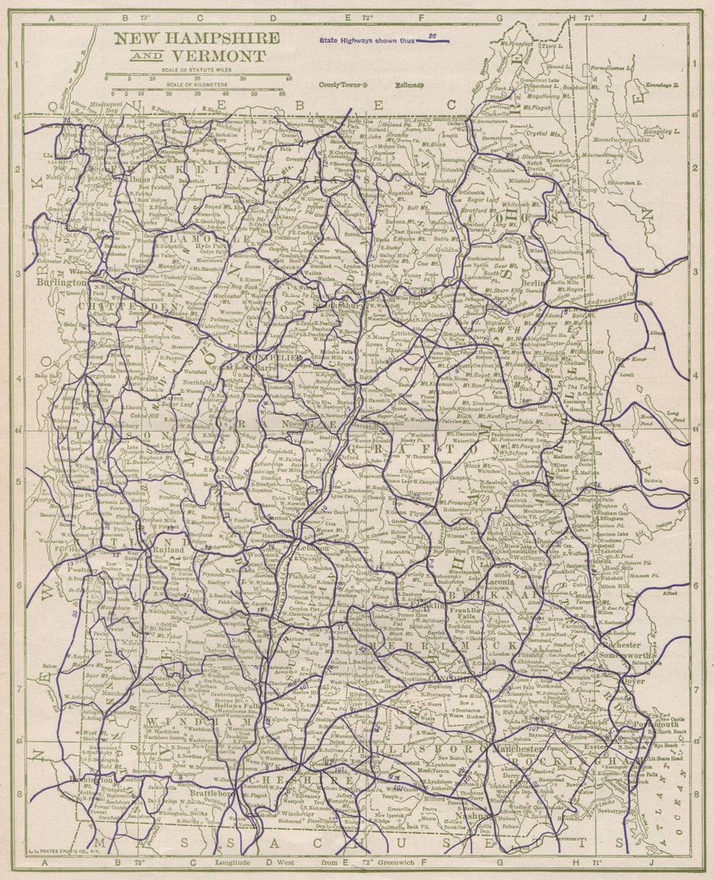 New Hampshire and Vermont State Highways. POATES 1925 old vintage map chart