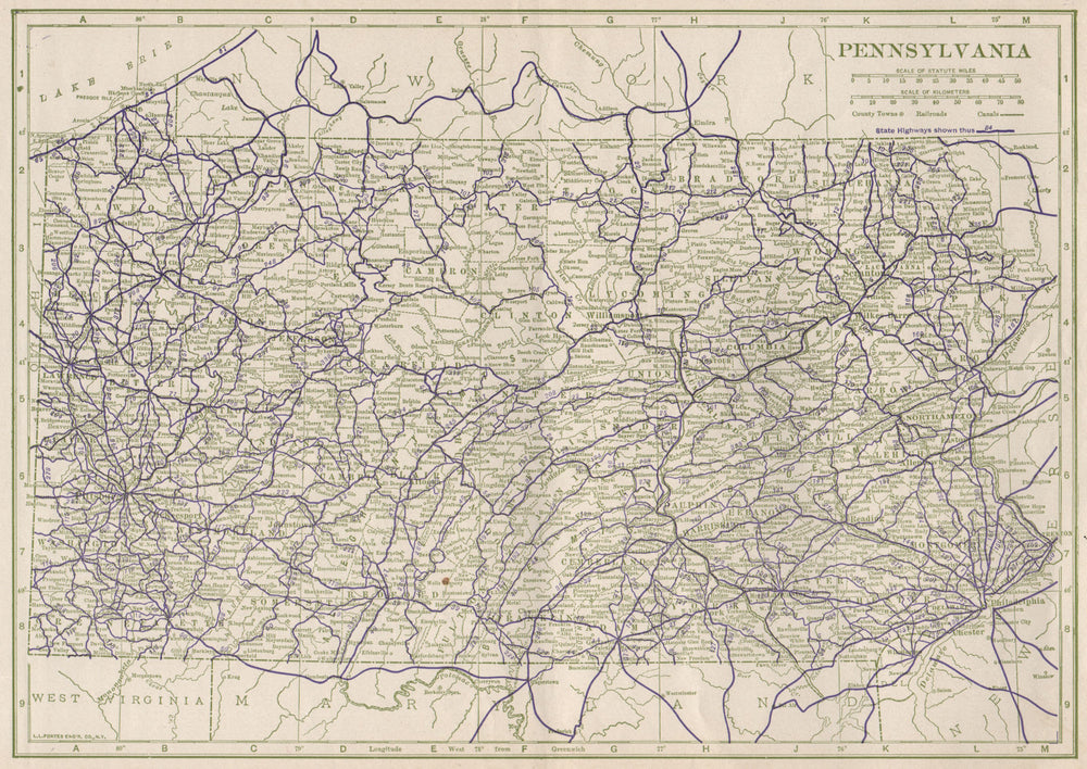 Pennsylvania State Highways. POATES 1925 old vintage map plan chart