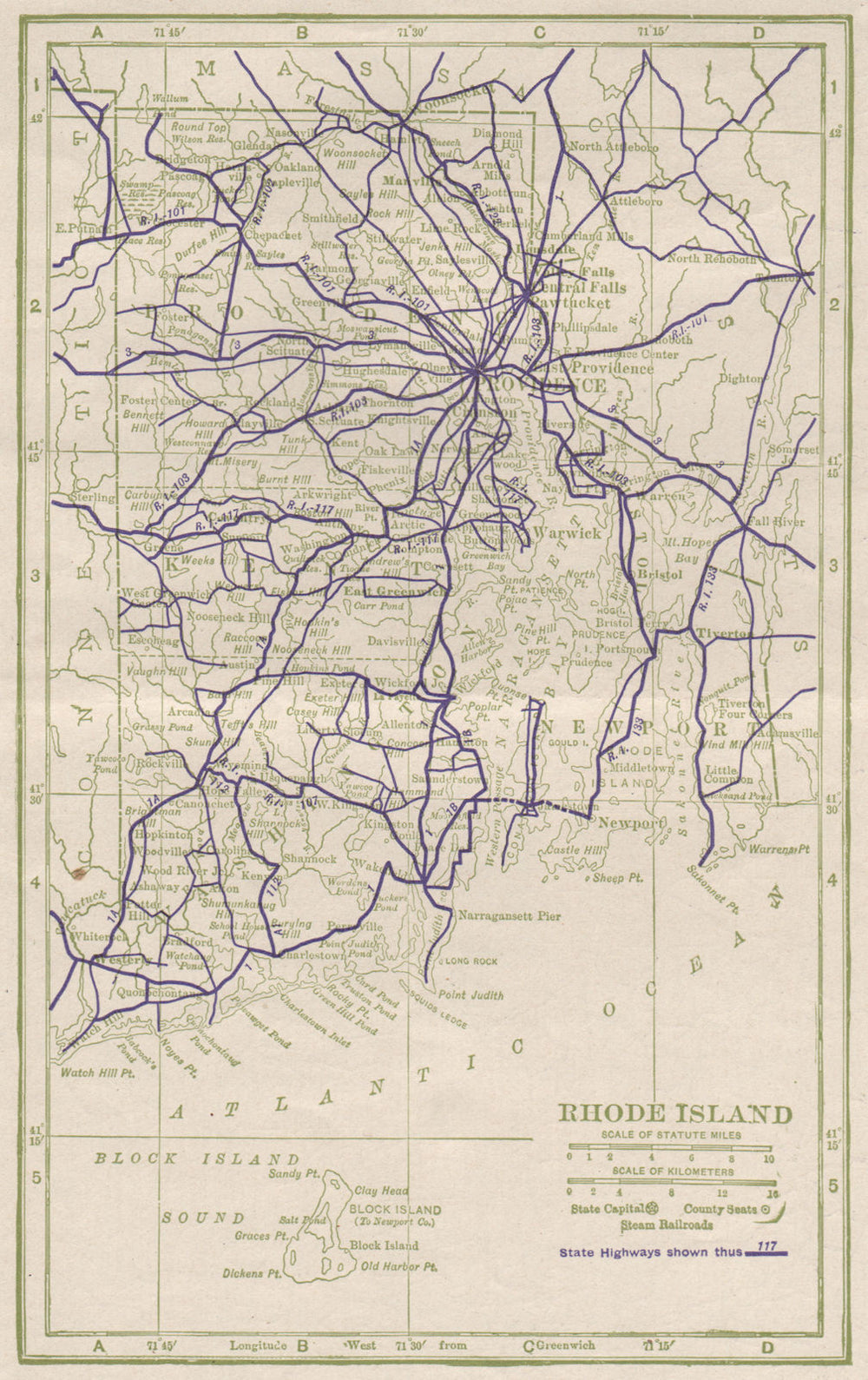 Rhode Island State Highways. POATES 1925 old vintage map plan chart