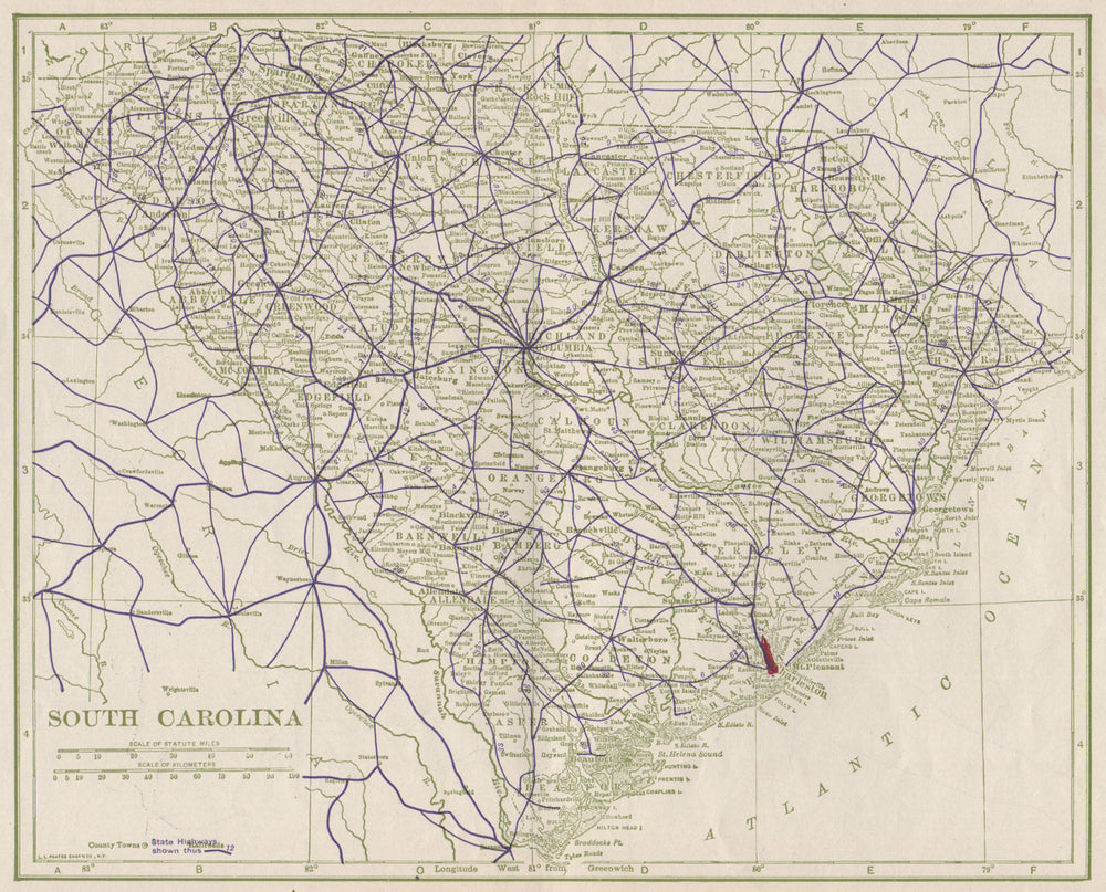 South Carolina State Highways. POATES 1925 old vintage map plan chart