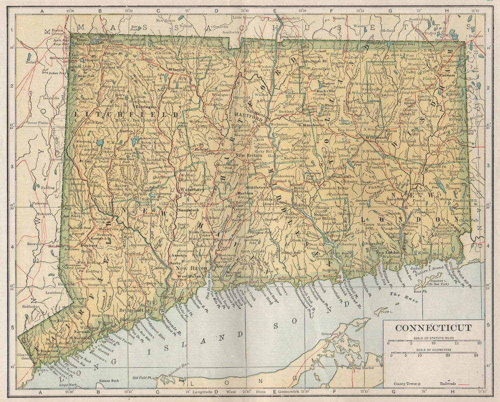 Connecticut state map showing railroads. POATES 1925 old vintage chart