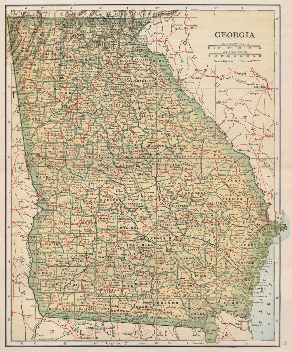 Georgia state map showing railroads. POATES 1925 old vintage plan chart