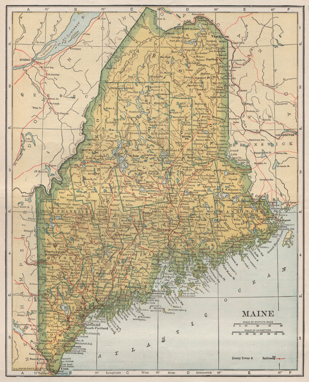 Maine state map showing railroads. POATES 1925 old vintage plan chart