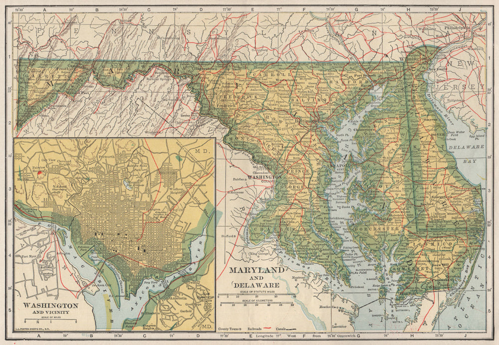 Maryland, Delaware & Washington DC state map showing railroads. POATES 1925