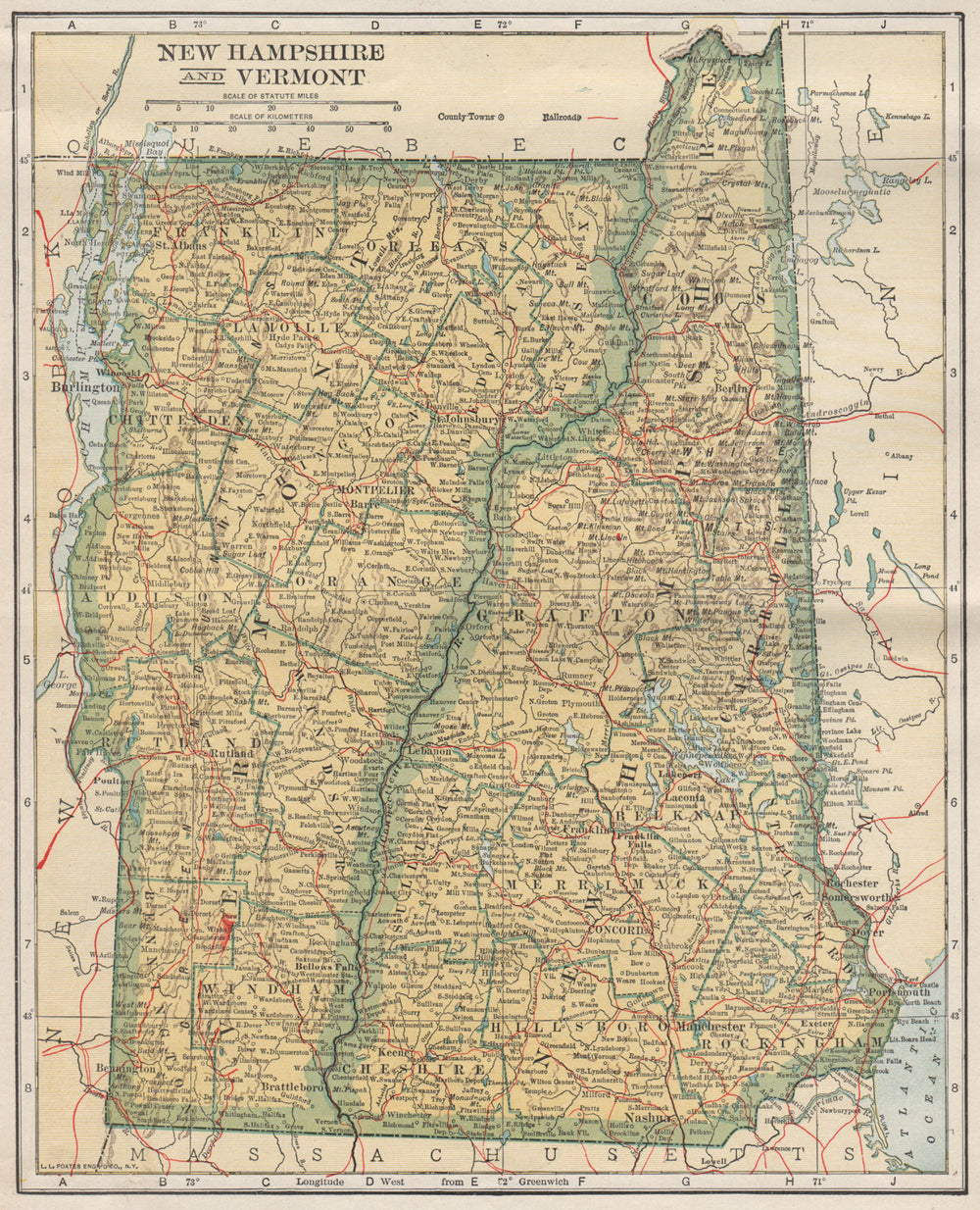 New Hampshire and Vermont state map showing railroads. POATES 1925 old