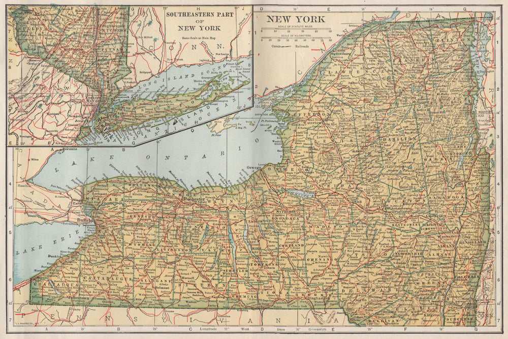 New York state state map showing railroads. POATES 1925 old vintage chart