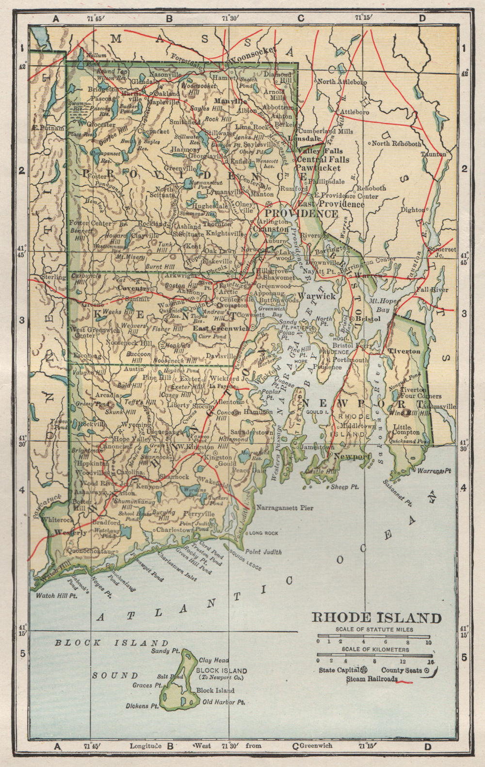 Rhode Island state map showing railroads. POATES 1925 old vintage chart
