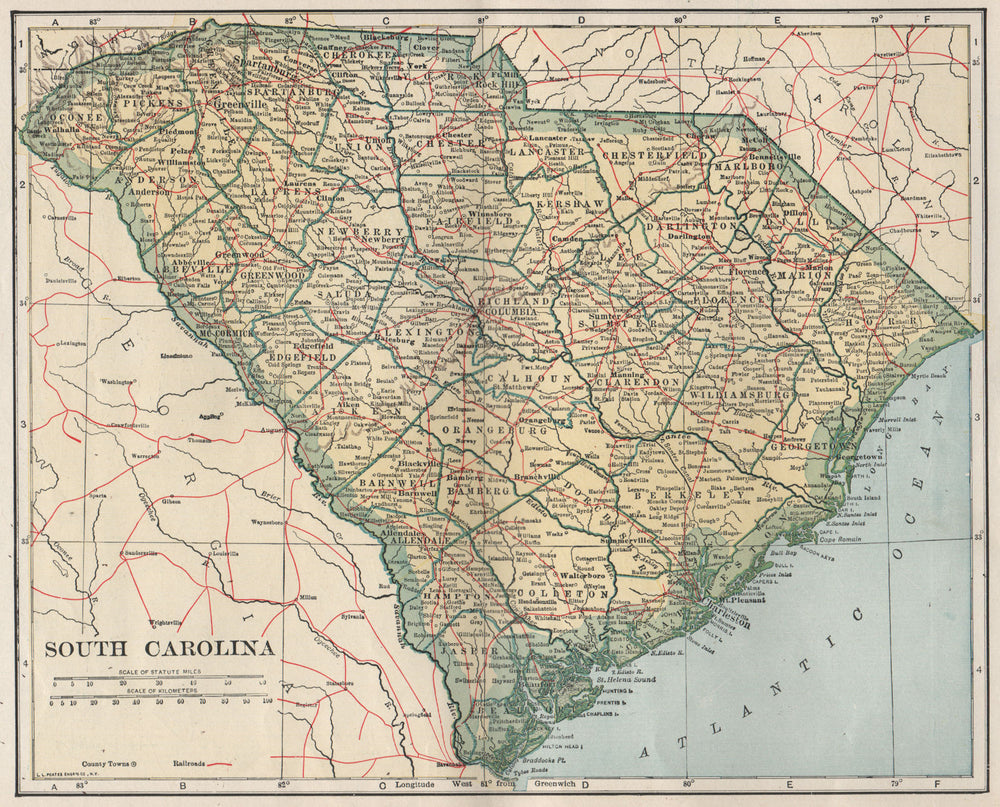 South Carolina state map showing railroads. POATES 1925 old vintage chart