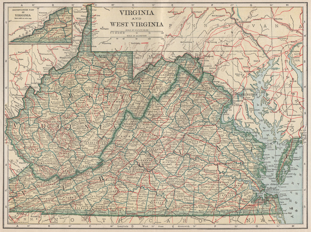 Virginia and West Virginia state map showing railroads. POATES 1925 old
