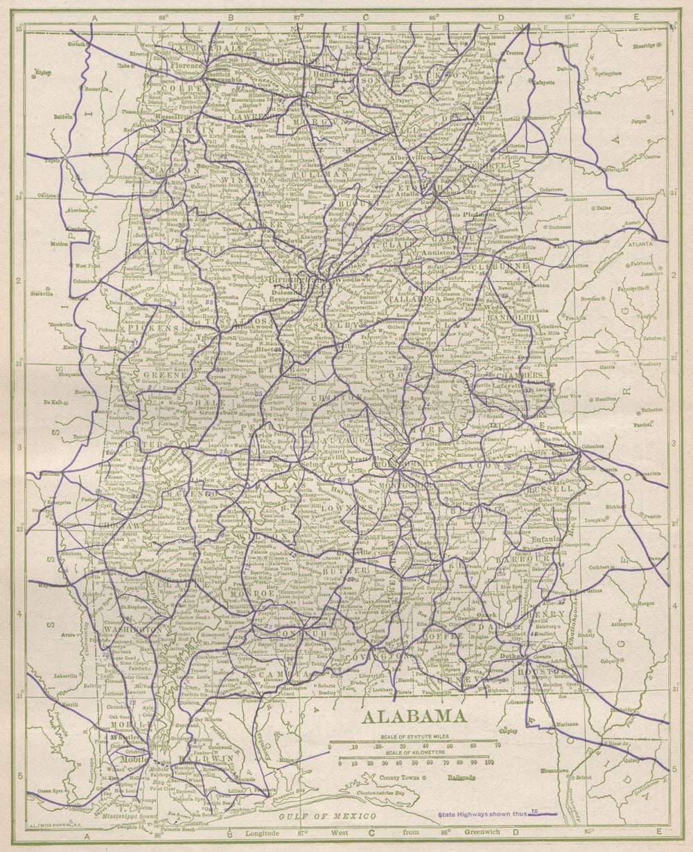 Alabama State Highways. POATES 1925 old vintage map plan chart