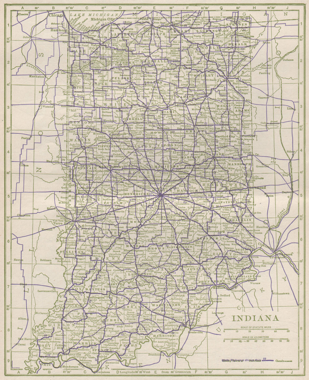 Indiana State Highways. POATES 1925 old vintage map plan chart