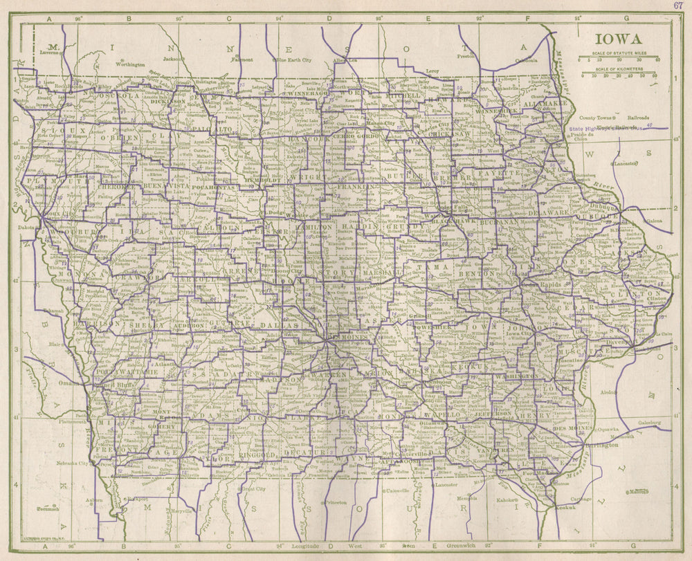 Iowa State Highways. POATES 1925 old vintage map plan chart