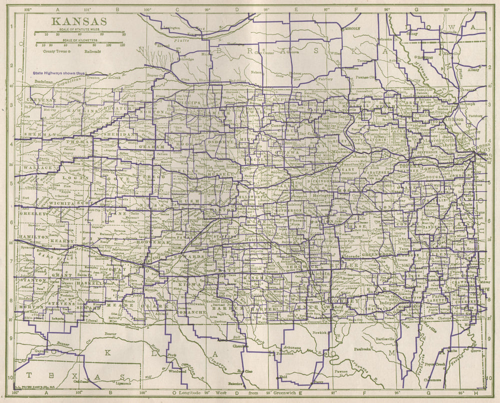 Kansas State Highways. POATES 1925 old vintage map plan chart