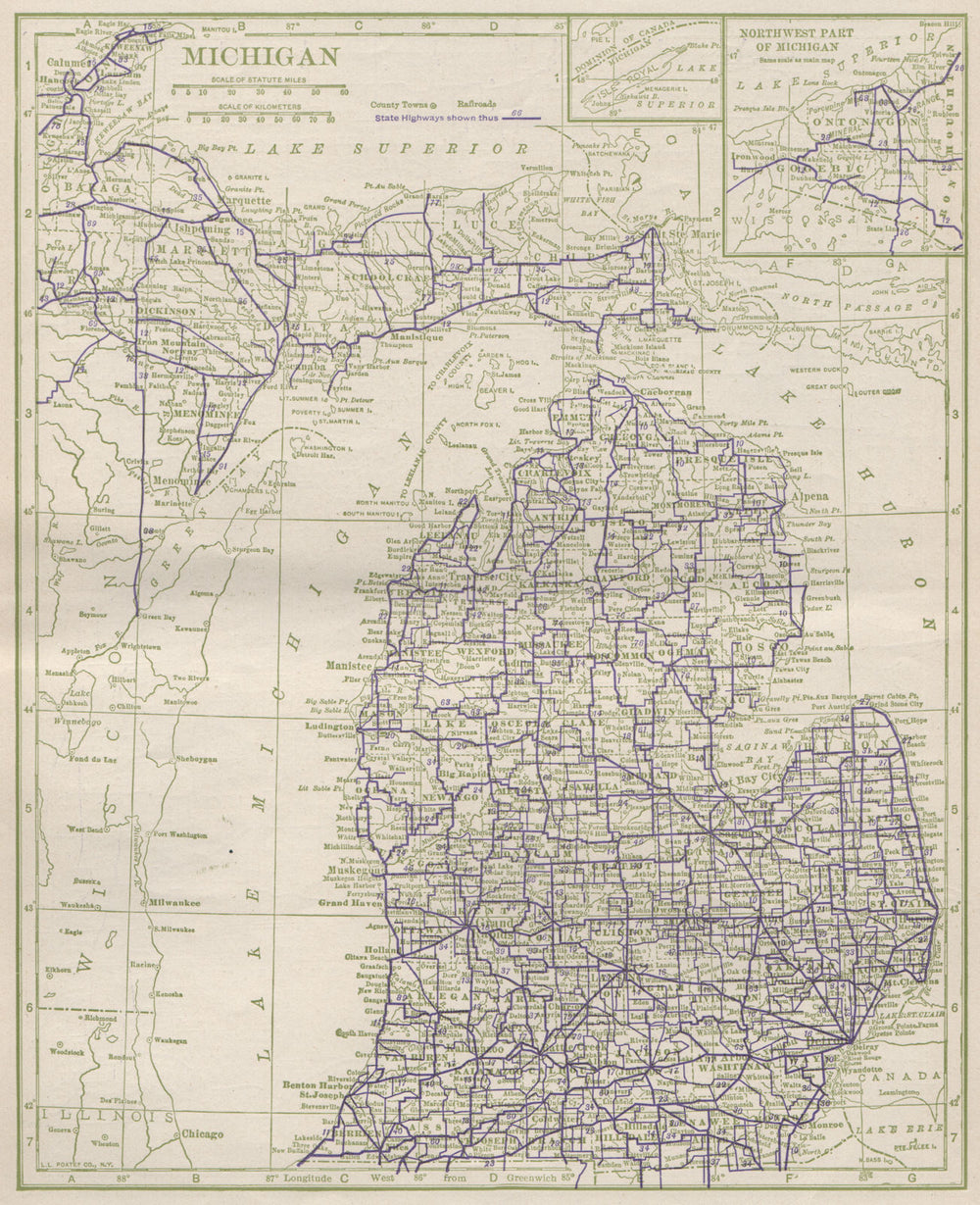 Michigan State Highways. POATES 1925 old vintage map plan chart