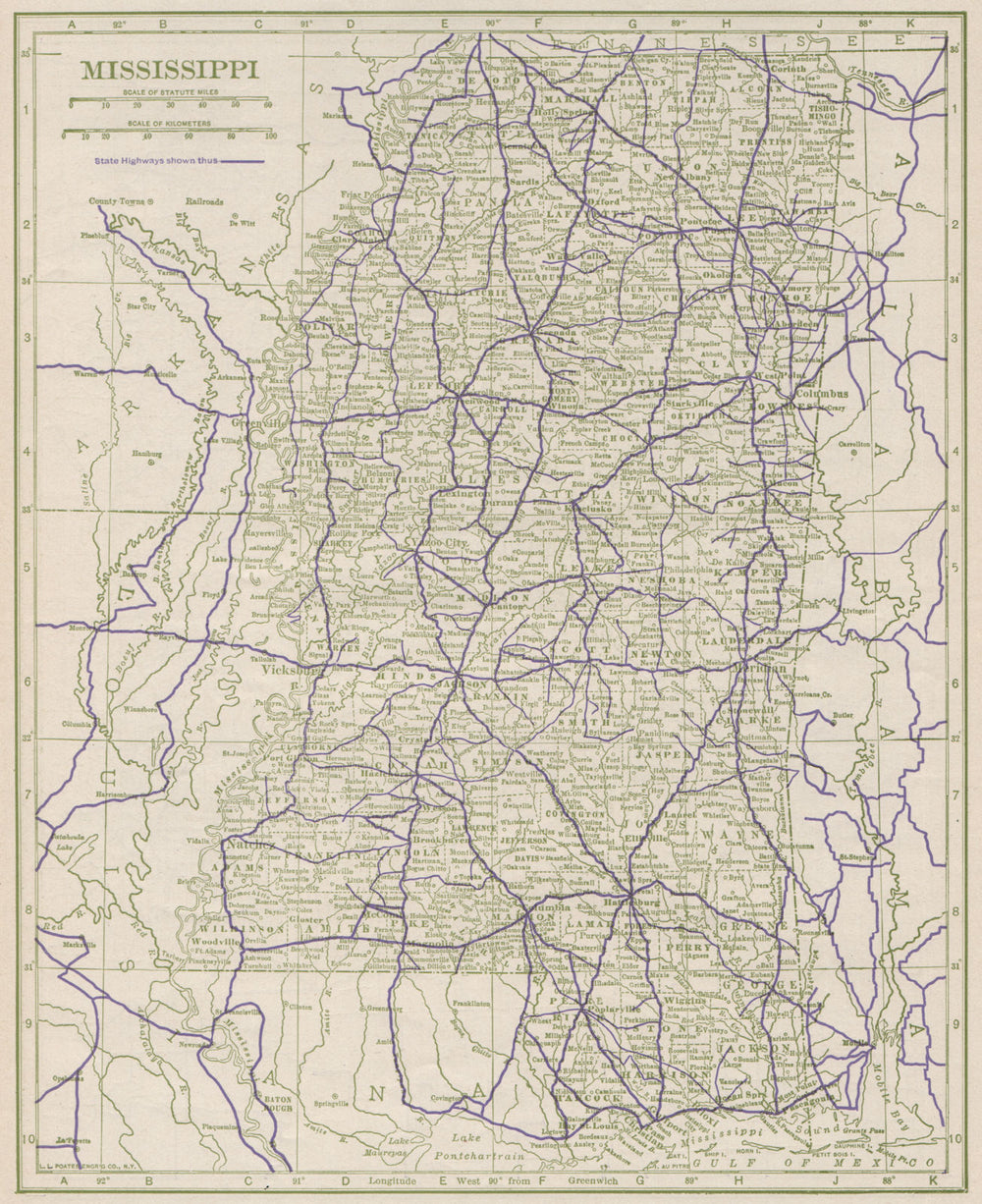 Mississippi State Highways. POATES 1925 old vintage map plan chart