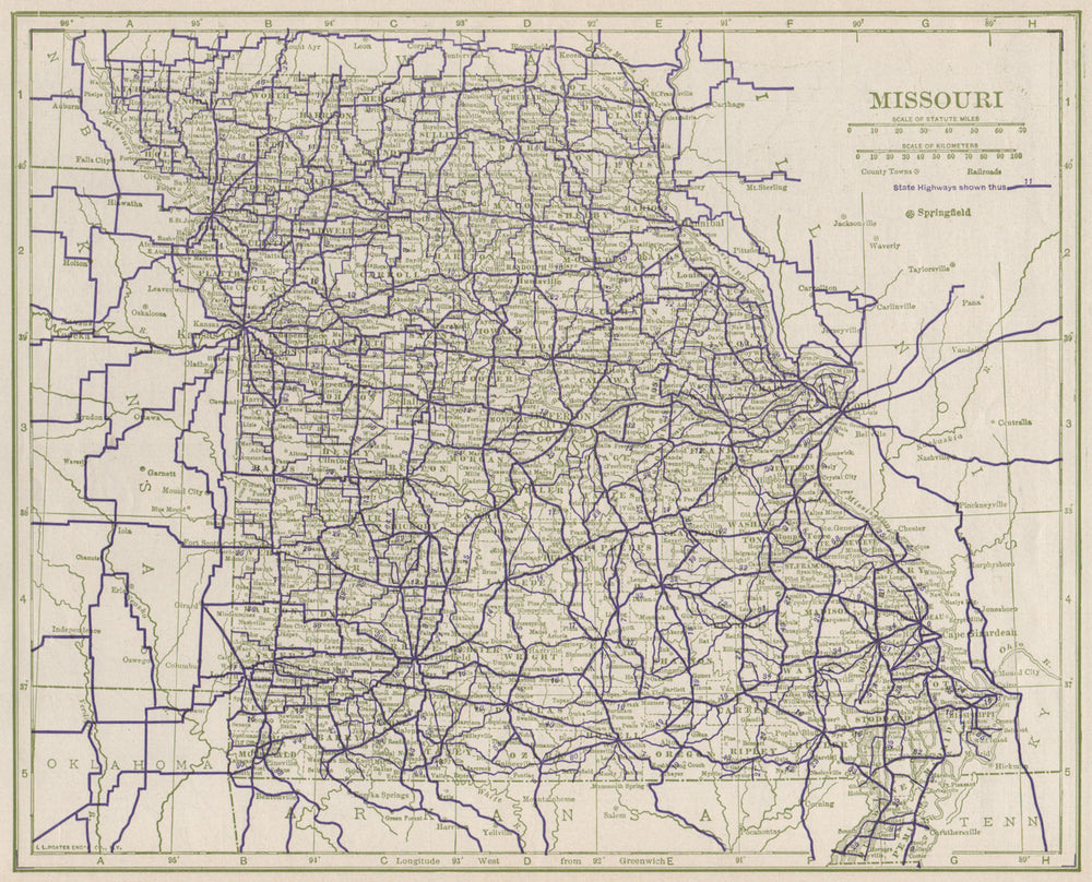 Missouri State Highways. POATES 1925 old vintage map plan chart