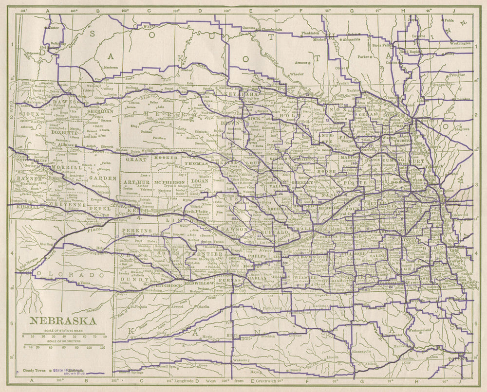 Nebraska State Highways. POATES 1925 old vintage map plan chart