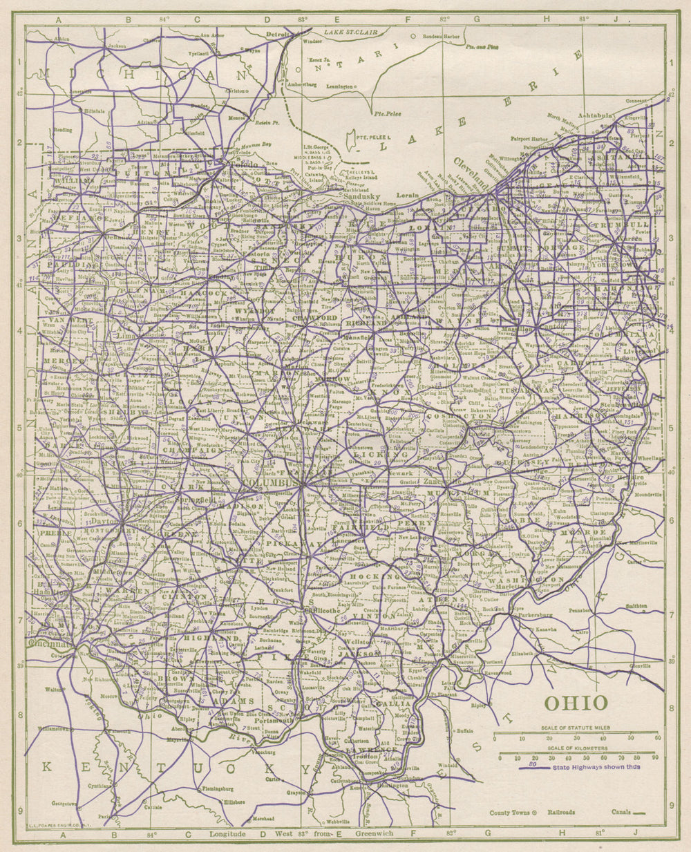 Ohio State Highways. POATES 1925 old vintage map plan chart