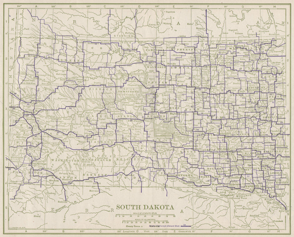 South Dakota State Highways. POATES 1925 old vintage map plan chart