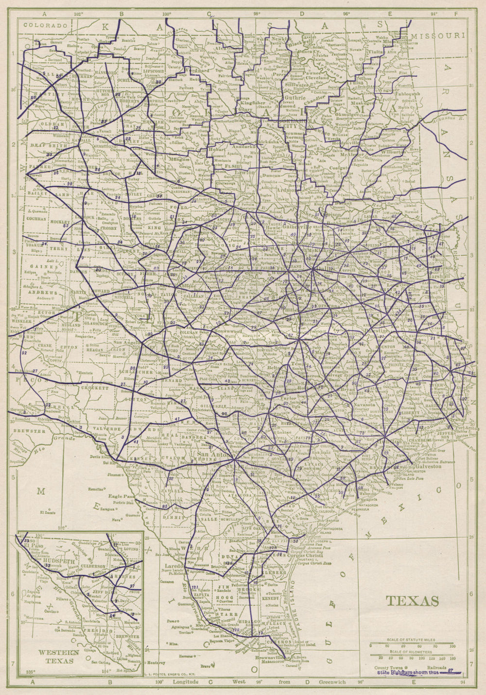 Texas State Highways. POATES 1925 old vintage map plan chart