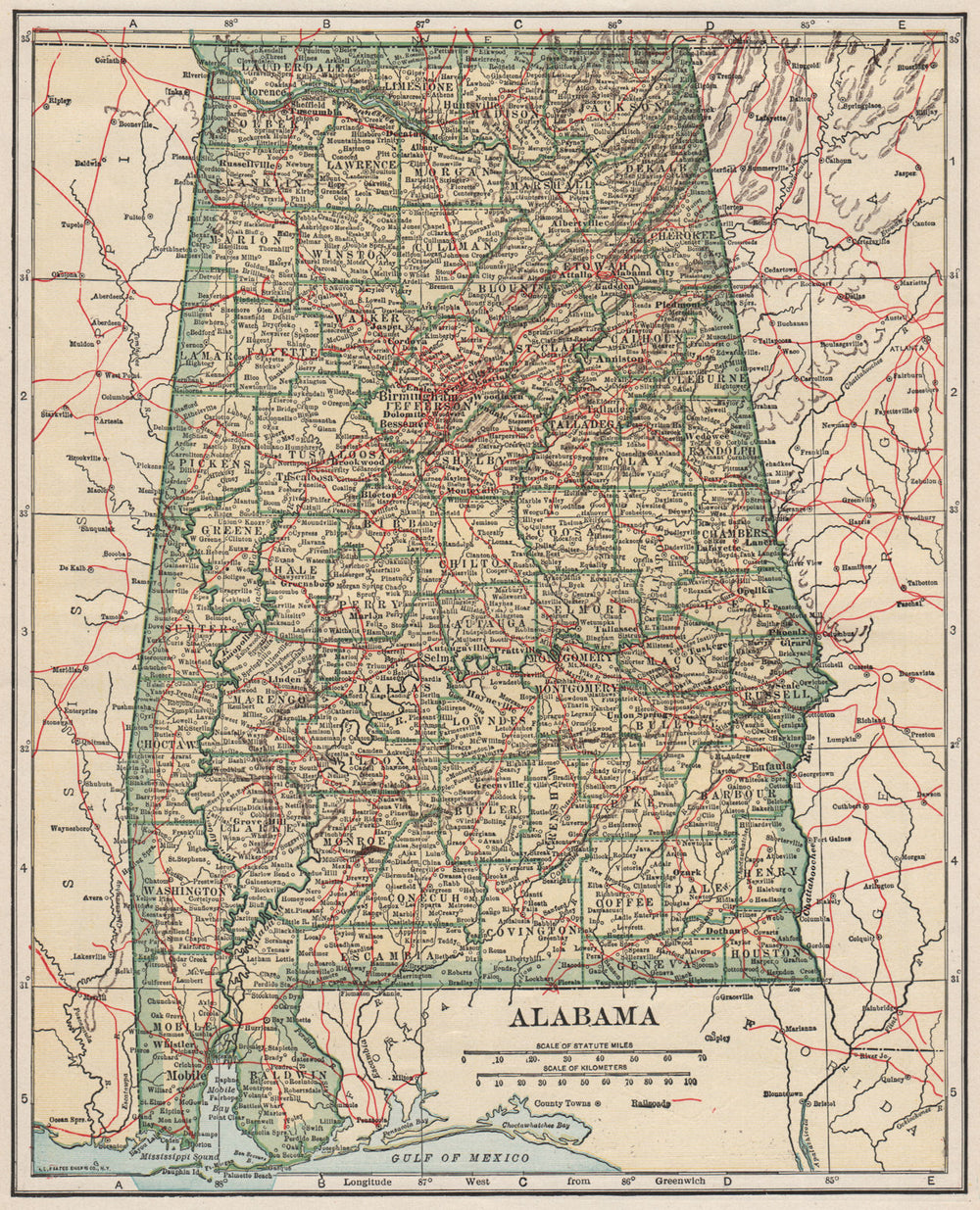 Alabama state map showing railroads. POATES 1925 old vintage plan chart