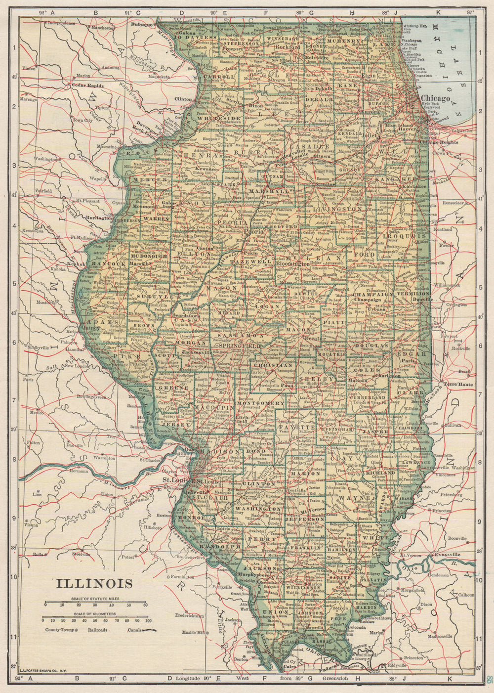 Illinois state map showing railroads. POATES 1925 old vintage plan chart