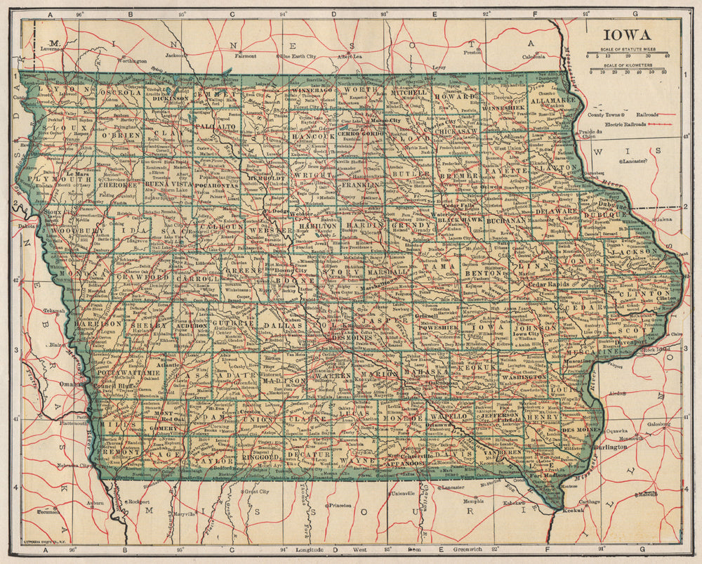 Iowa state map showing railroads. POATES 1925 old vintage plan chart