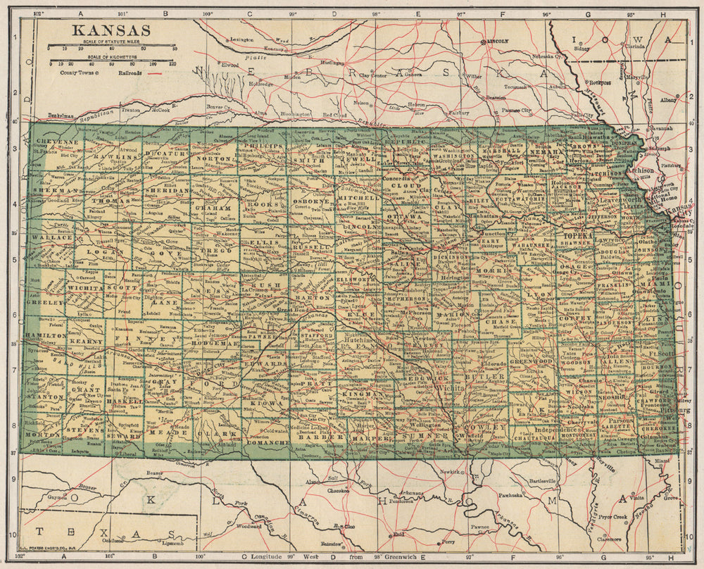 Kansas state map showing railroads. POATES 1925 old vintage plan chart