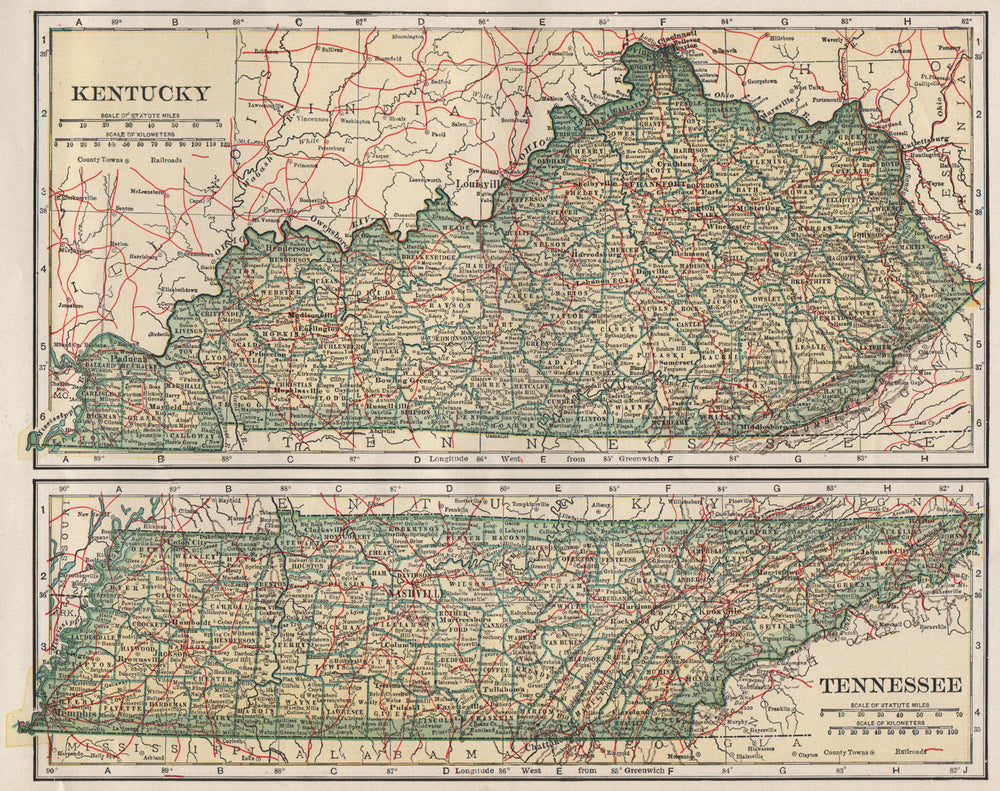 Kentucky & Tennessee state map showing railroads. POATES 1925 old vintage