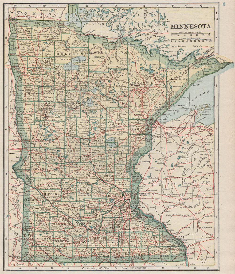 Minnesota state map showing railroads. POATES 1925 old vintage plan chart