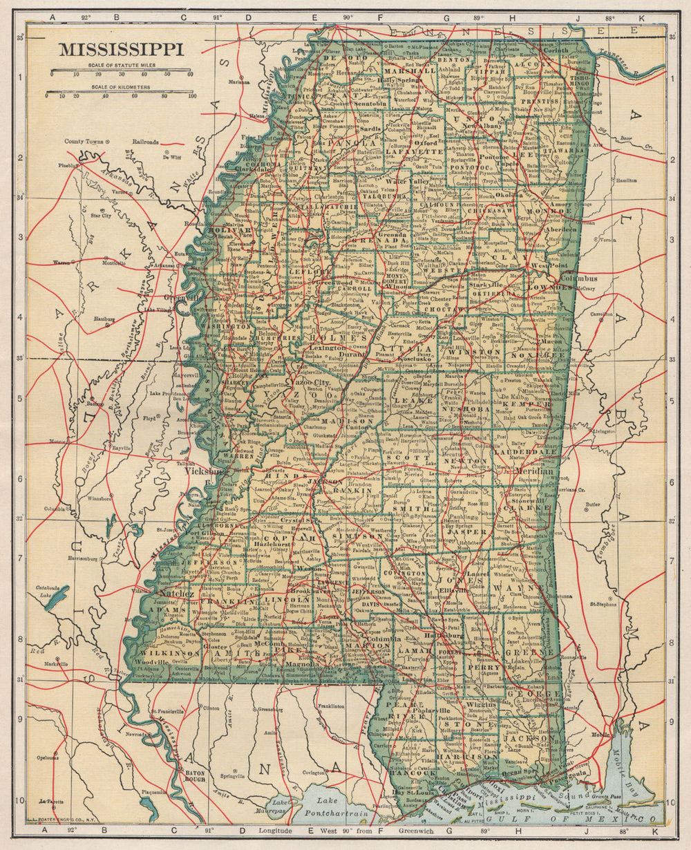 Mississippi state map showing railroads. POATES 1925 old vintage chart