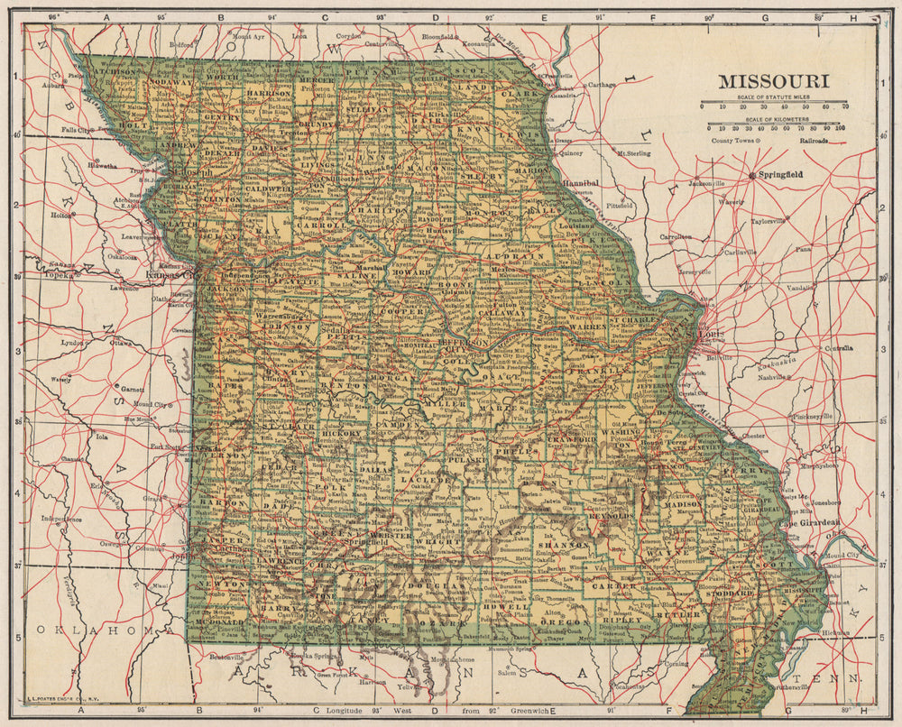 Missouri state map showing railroads. POATES 1925 old vintage plan chart