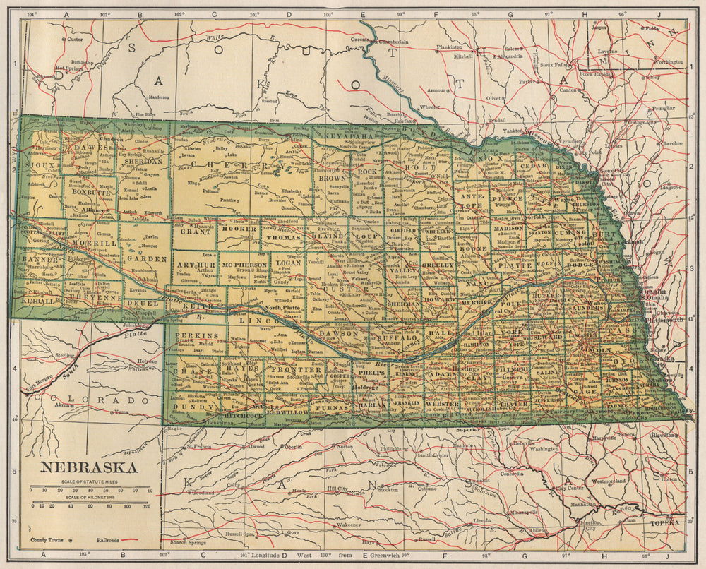 Nebraska state map showing railroads. POATES 1925 old vintage plan chart