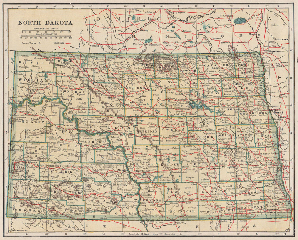 North Dakota state map showing railroads. POATES 1925 old vintage chart