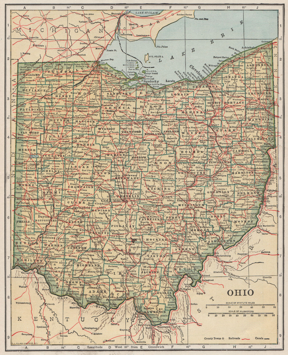 Ohio state map showing railroads. POATES 1925 old vintage plan chart