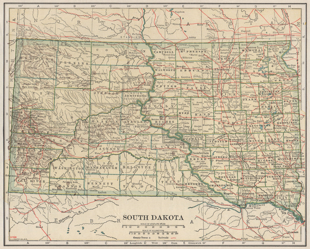 South Dakota state map showing railroads. POATES 1925 old vintage chart