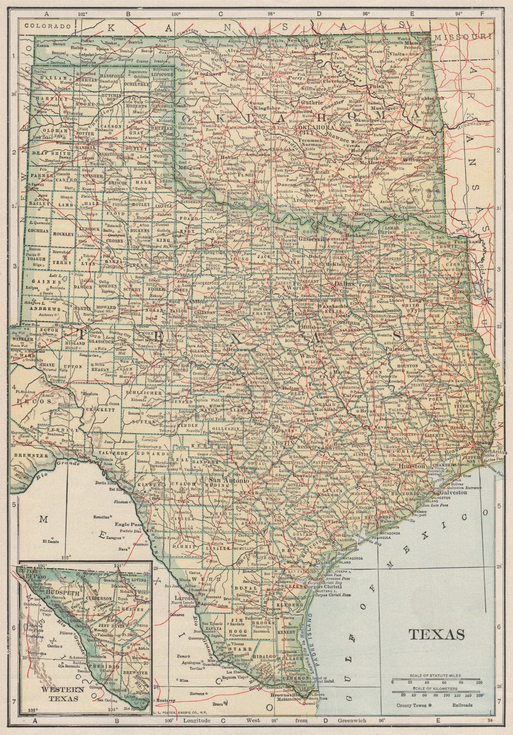 Texas state map showing railroads. POATES 1925 old vintage plan chart