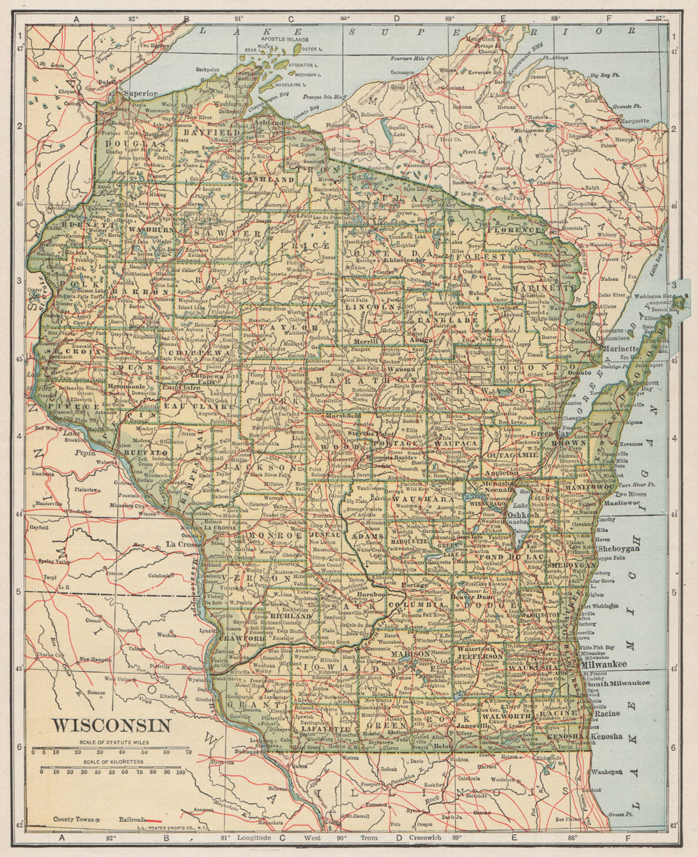 Wisconsin state map showing railroads. POATES 1925 old vintage plan chart