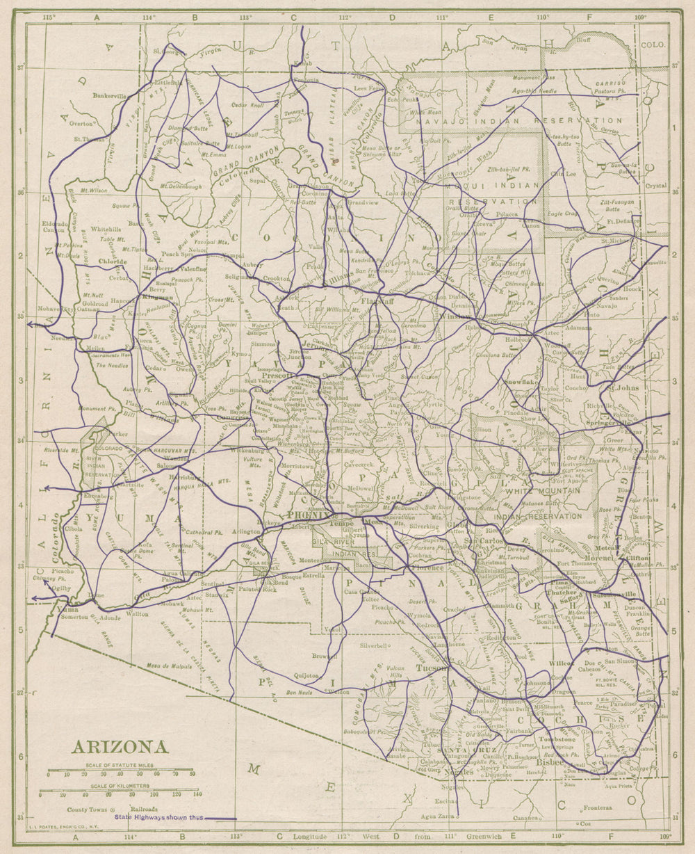 Arizona State Highways. POATES 1925 old vintage map plan chart
