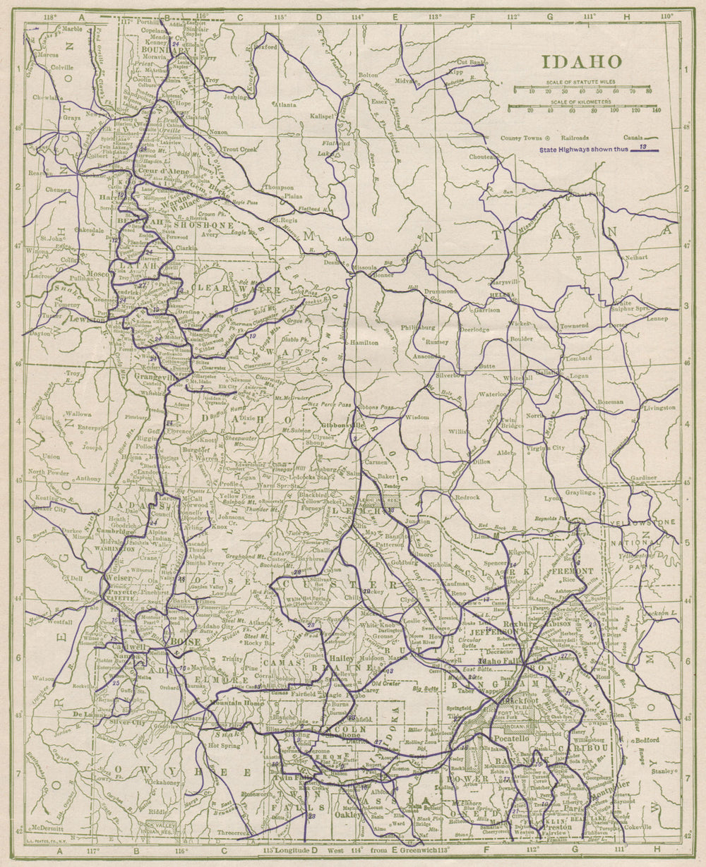 Idaho State Highways. POATES 1925 old vintage map plan chart