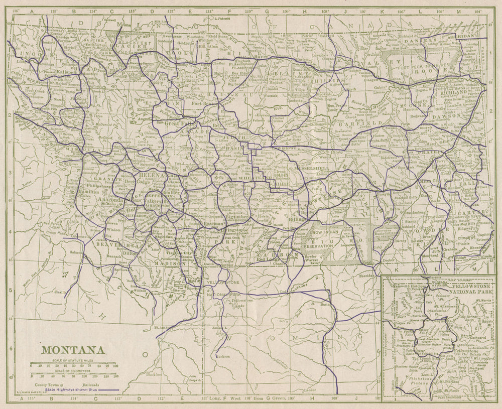 Montana (inset Yellowstone National Park) State Highways. POATES 1925 old map