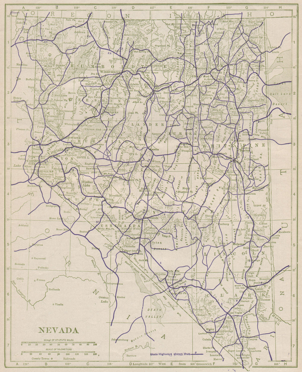 Nevada State Highways. POATES 1925 old vintage map plan chart