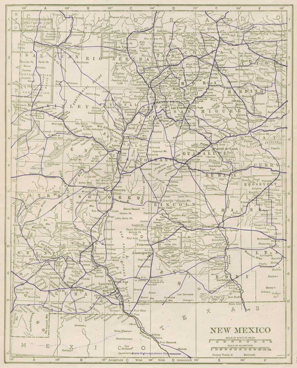 New Mexico State Highways. POATES 1925 old vintage map plan chart