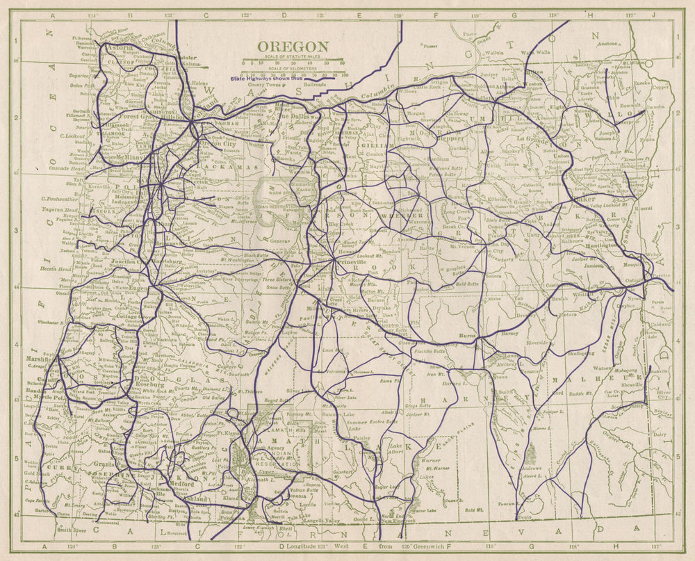 Oregon State Highways. POATES 1925 old vintage map plan chart