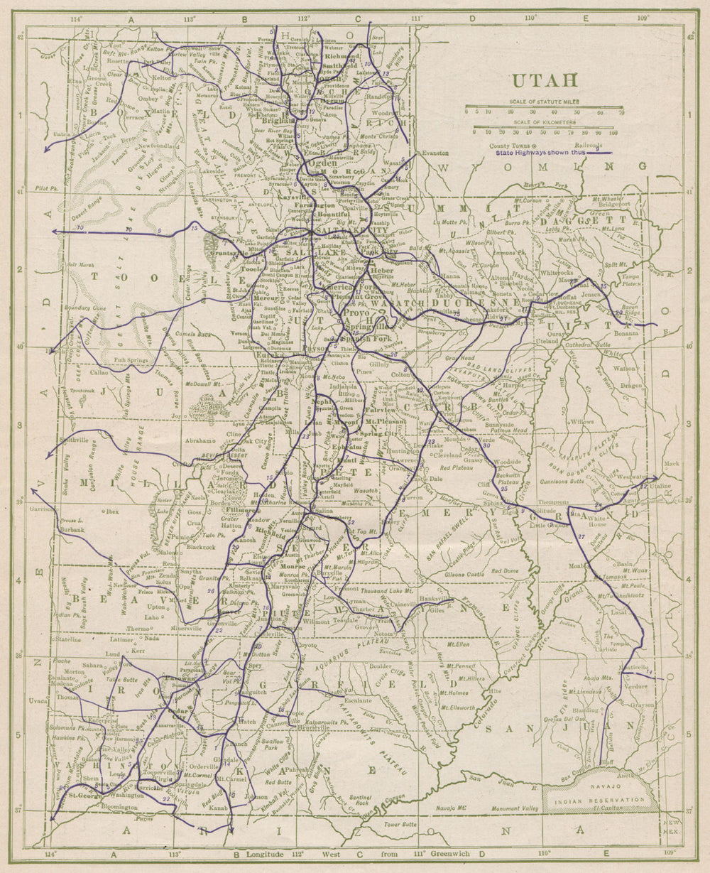 Utah State Highways. POATES 1925 old vintage map plan chart