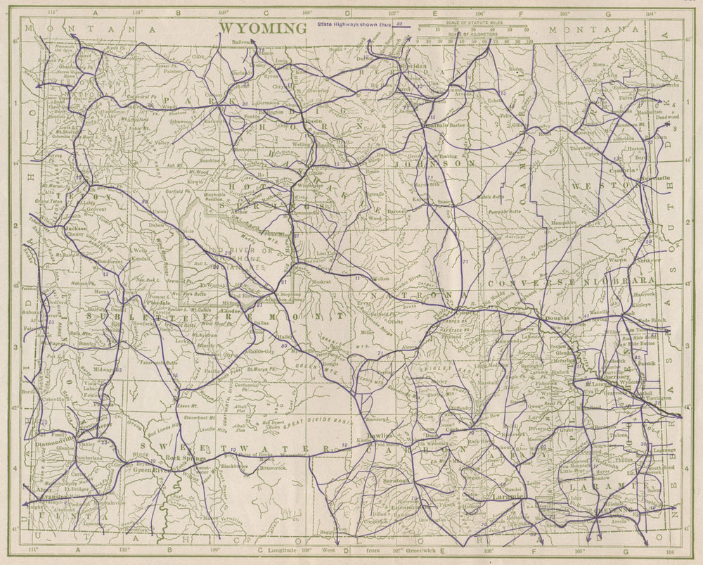 Wyoming State Highways. POATES 1925 old vintage map plan chart