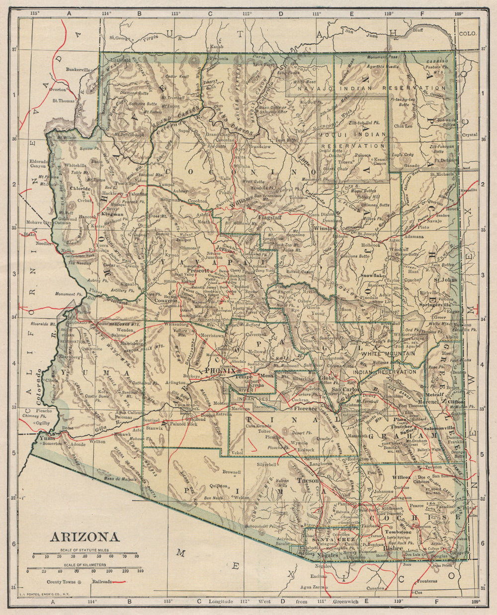Arizona state map showing railroads. POATES 1925 old vintage plan chart